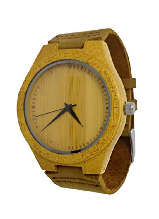 HANDMADE WOODEN WATCH MADE WITH NATURAL BAMBOO WOOD IN BROWN COWHIDE LEATHER STRAP KAHALA #24A (HGW-24B45)