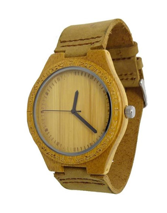 HANDMADE WOODEN LADY WATCH MADE WITH NATURAL BAMBOO WOOD IN BROWN COWHIDE LEATHER STRAP KAHALA #25B (HGW-25B39)