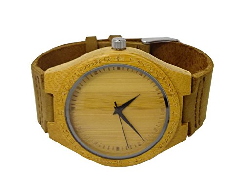 HANDMADE WOODEN WATCH MADE WITH NATURAL BAMBOO WOOD IN BROWN COWHIDE LEATHER STRAP KAHALA #24A (HGW-24B45)