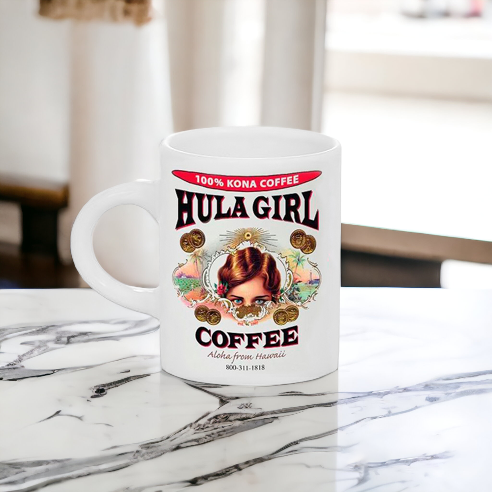  WITH BOX Clone content Pin It  The Hula Girl Coffee Mini Mug White 2.5 oz ceramic mug is a sublimation coffee mug that have HULA GIRL COFFEE Logo lithographed on both sides. Made from high quality ceramic, specially coated of color white from top to bottom.   Ceramic Hula Girl Mini Mug White are made of finest materials & coated with dishwasher safe coating Printed with the famous HULA GIRL COFFEE Logo lithographed on both sides 2.5 oz mug Size: 6.5cm (H) x 5.2cm (D) Dishwaser safe Individually boxed    $7