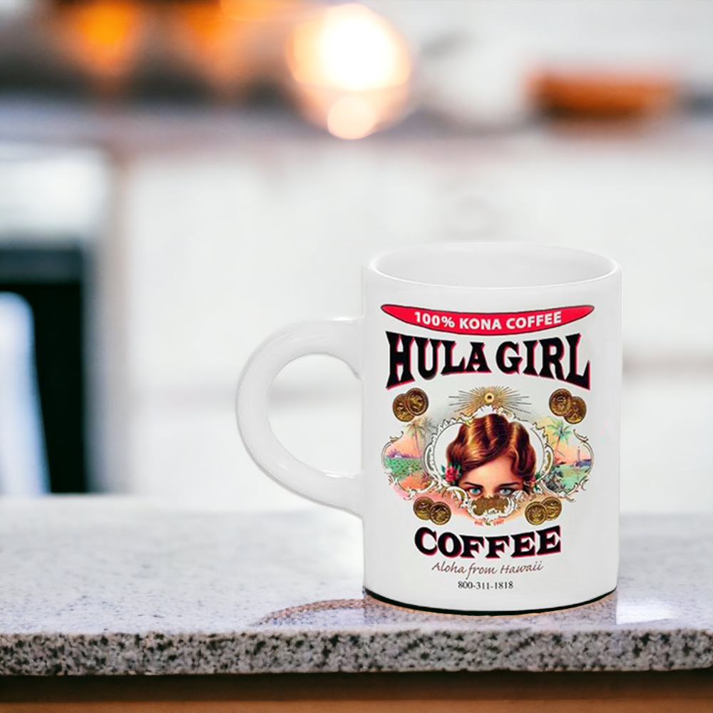  WITH BOX Clone content Pin It  The Hula Girl Coffee Mini Mug White 2.5 oz ceramic mug is a sublimation coffee mug that have HULA GIRL COFFEE Logo lithographed on both sides. Made from high quality ceramic, specially coated of color white from top to bottom.   Ceramic Hula Girl Mini Mug White are made of finest materials & coated with dishwasher safe coating Printed with the famous HULA GIRL COFFEE Logo lithographed on both sides 2.5 oz mug Size: 6.5cm (H) x 5.2cm (D) Dishwaser safe Individually boxed    $7