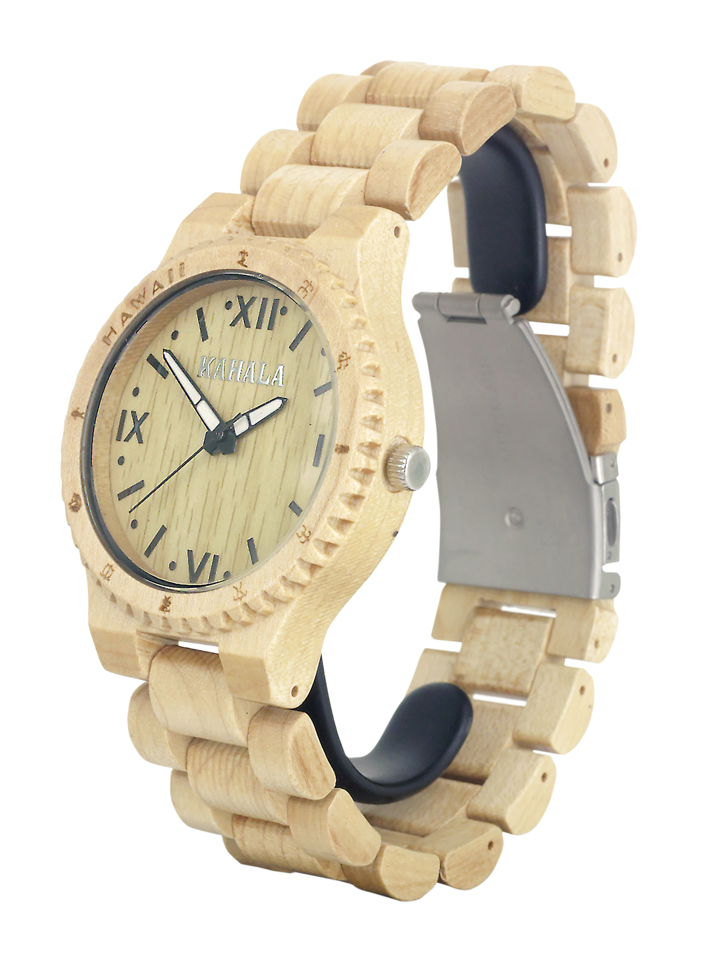 HANDMADE WOODEN WATCH HAWAIIAN STYLE MAPLE WOOD WITH PETROGLYPHS AND LUMINOUS HANDS, MAPLE WOOD DIAL #