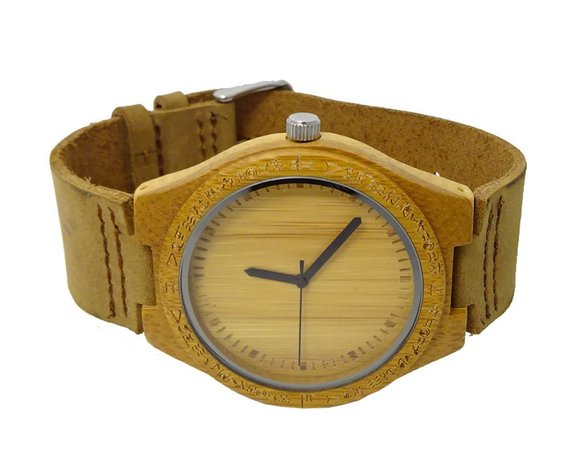 HANDMADE WOODEN LADY WATCH MADE WITH NATURAL BAMBOO WOOD IN BROWN COWHIDE LEATHER STRAP KAHALA #25B (HGW-25B39)