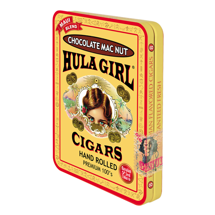 HULA GIRL SMALL CIGAR TIN WITH FLAVORED 8 MINI CIGARS - Chocolate Mac Nut, Single Tin 