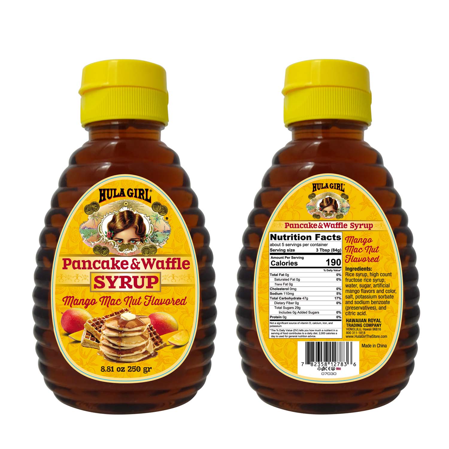 HULA GIRL MANGO MAC NUT FLAVORED PANCAKE AND WAFFLE SYRUP 250 GRAMS