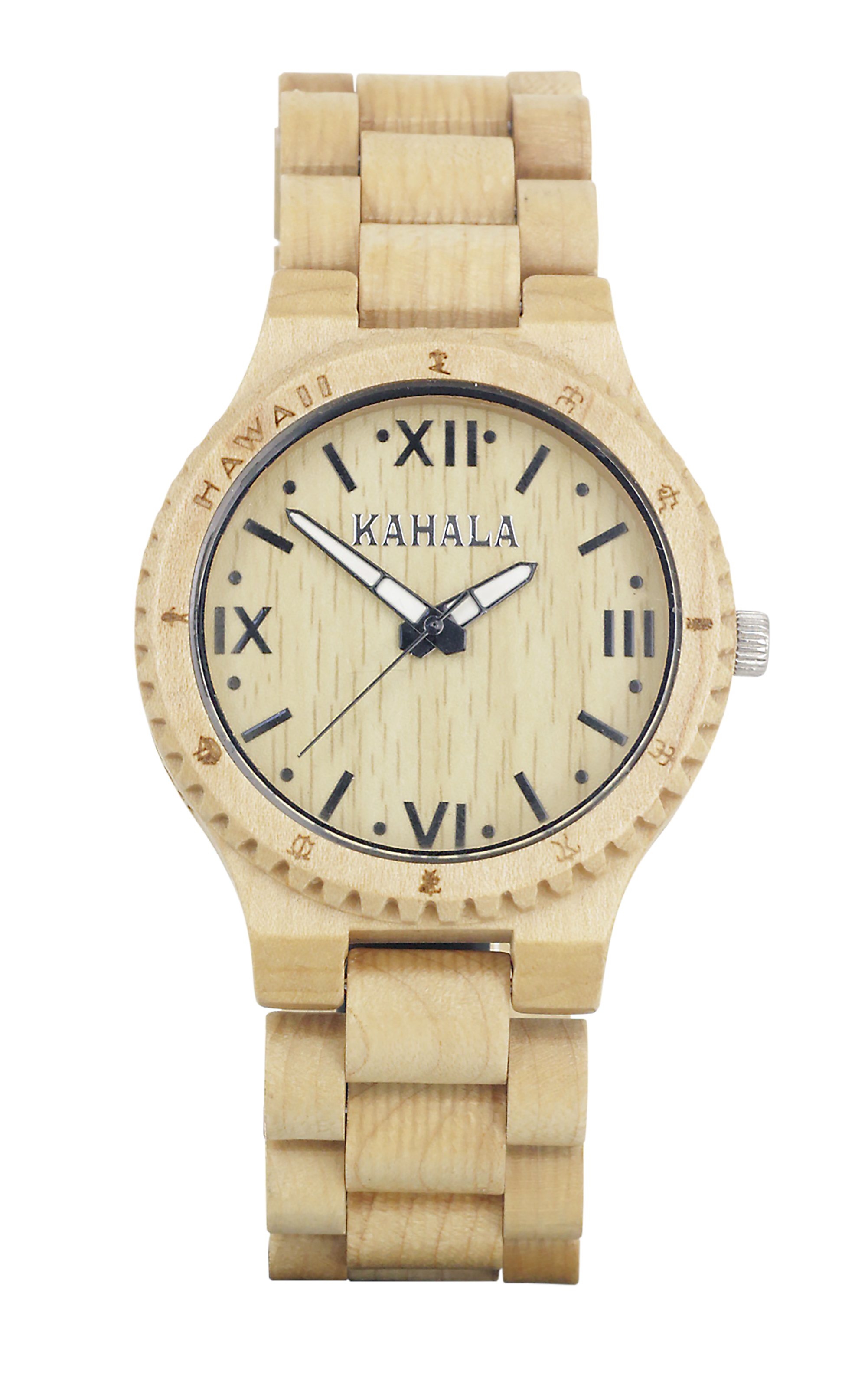 HANDMADE WOODEN WATCH HAWAIIAN STYLE MAPLE WOOD WITH PETROGLYPHS AND LUMINOUS HANDS, MAPLE WOOD DIAL #