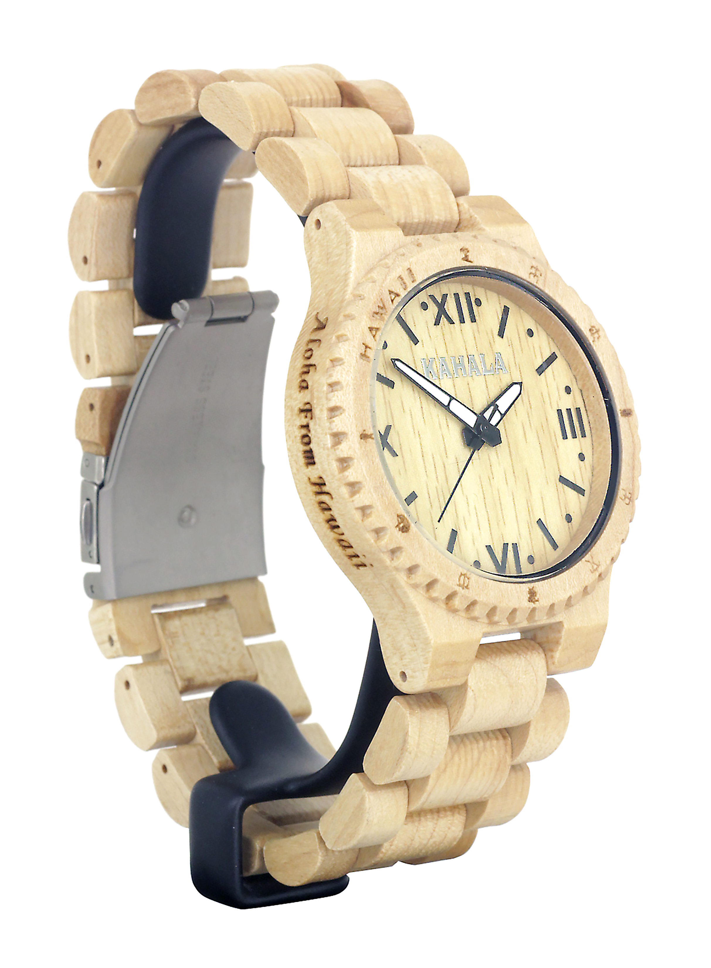 HANDMADE WOODEN WATCH HAWAIIAN STYLE MAPLE WOOD WITH PETROGLYPHS AND LUMINOUS HANDS, MAPLE WOOD DIAL #