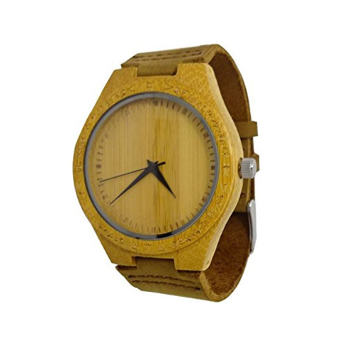 HANDMADE WOODEN WATCH MADE WITH NATURAL BAMBOO WOOD IN BROWN COWHIDE LEATHER STRAP KAHALA #24A (HGW-24B45)