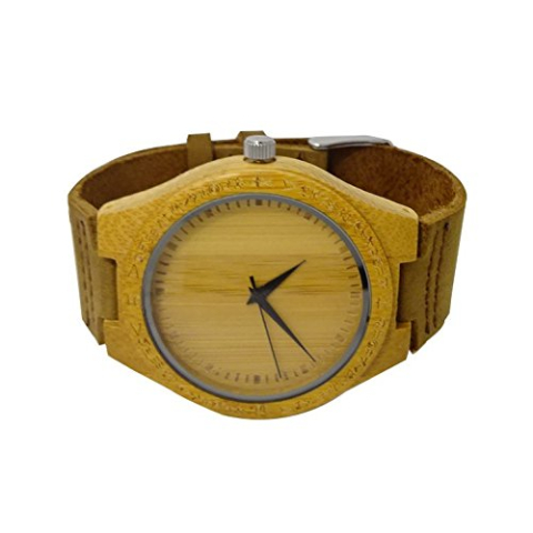 HANDMADE WOODEN WATCH MADE WITH NATURAL BAMBOO WOOD IN BROWN COWHIDE LEATHER STRAP KAHALA #24A (HGW-24B45)