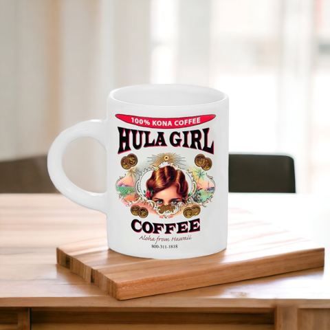  WITH BOX Clone content Pin It  The Hula Girl Coffee Mini Mug White 2.5 oz ceramic mug is a sublimation coffee mug that have HULA GIRL COFFEE Logo lithographed on both sides. Made from high quality ceramic, specially coated of color white from top to bottom.   Ceramic Hula Girl Mini Mug White are made of finest materials & coated with dishwasher safe coating Printed with the famous HULA GIRL COFFEE Logo lithographed on both sides 2.5 oz mug Size: 6.5cm (H) x 5.2cm (D) Dishwaser safe Individually boxed    $7