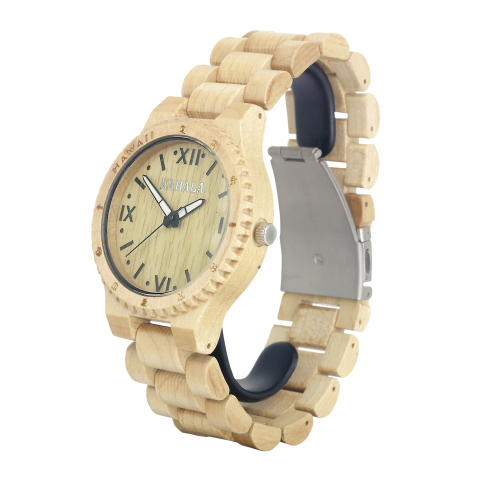 HANDMADE WOODEN WATCH HAWAIIAN STYLE MAPLE WOOD WITH PETROGLYPHS AND LUMINOUS HANDS, MAPLE WOOD DIAL #