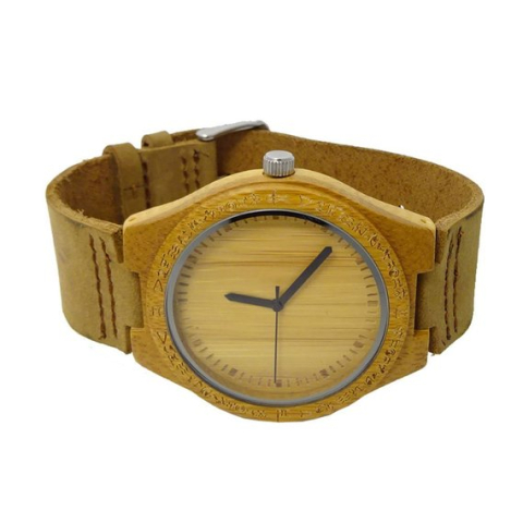HANDMADE WOODEN LADY WATCH MADE WITH NATURAL BAMBOO WOOD IN BROWN COWHIDE LEATHER STRAP KAHALA #25B (HGW-25B39)