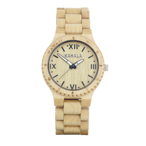 HANDMADE WOODEN WATCH HAWAIIAN STYLE MAPLE WOOD WITH PETROGLYPHS AND LUMINOUS HANDS, MAPLE WOOD DIAL #